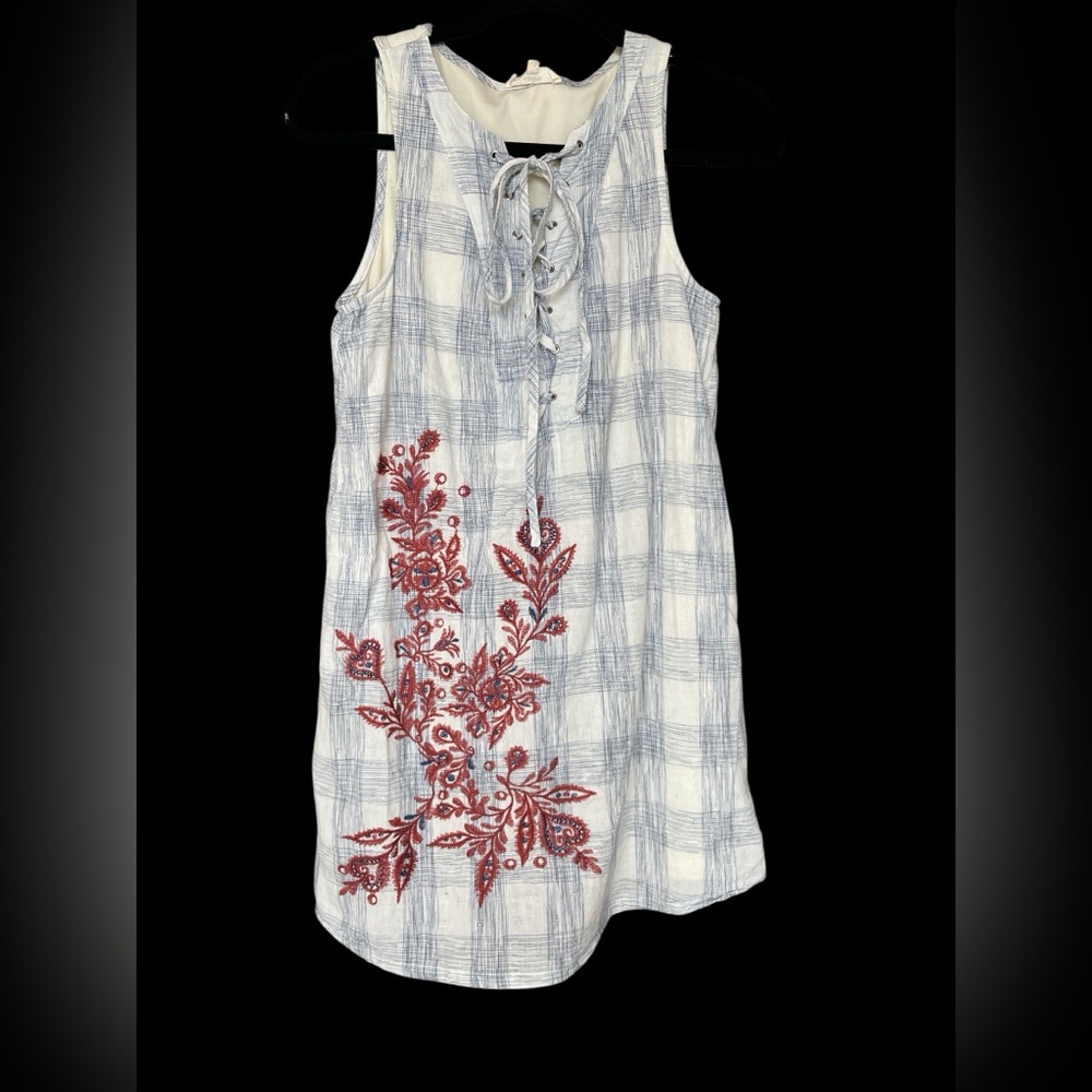 Entro Blue and White Plaid Dress with Red Floral Embroidery